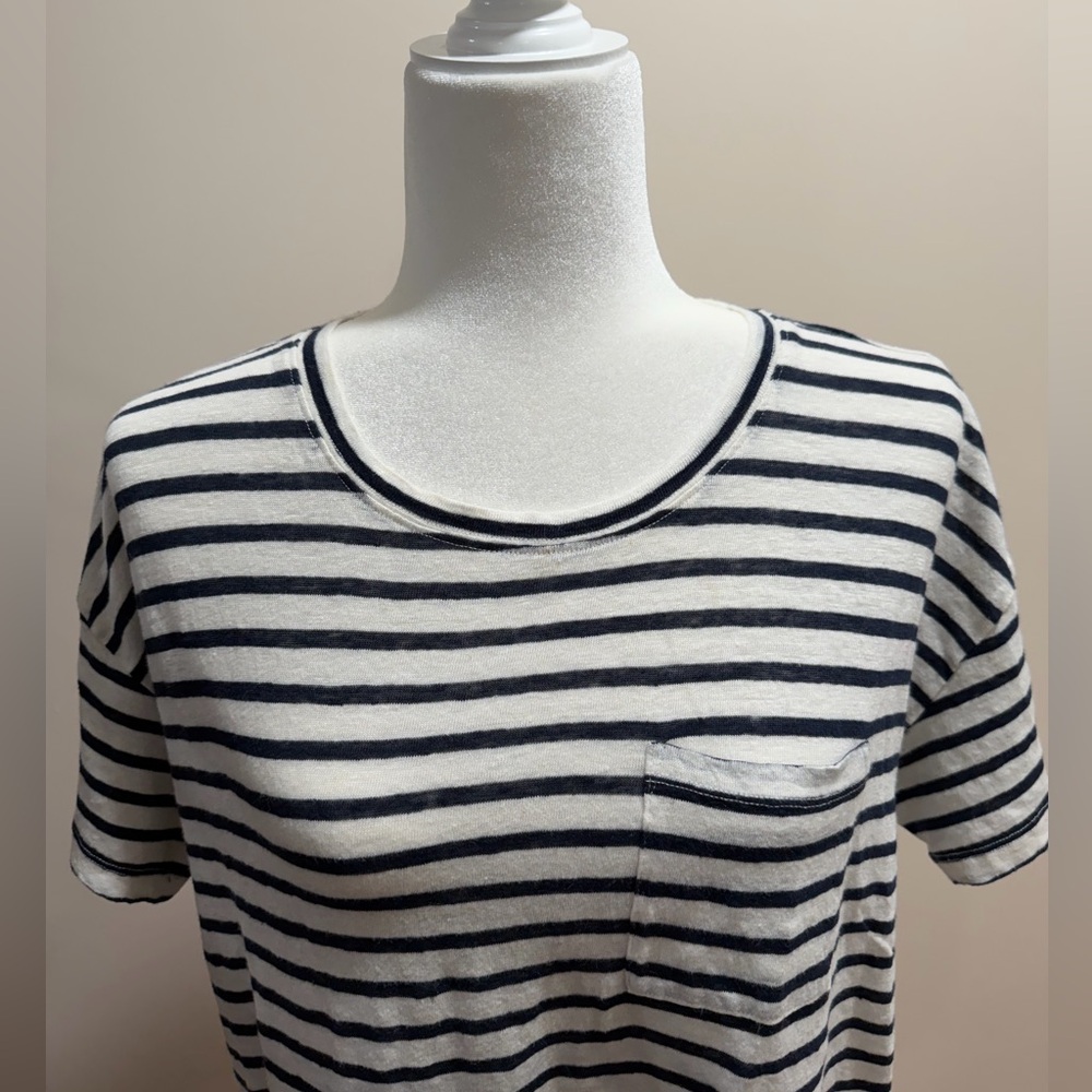 Faherty Navy & White Striped Sonoma 100% Linen Pocket Short Sleeve Tee Top Sz. M - Picture 3 of 8